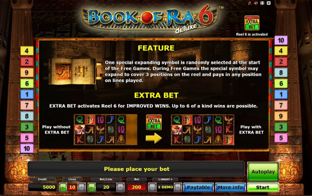 Book of Ra 6 Deluxe: Extra Bet funkció aktiválja a hatodik tárcsát