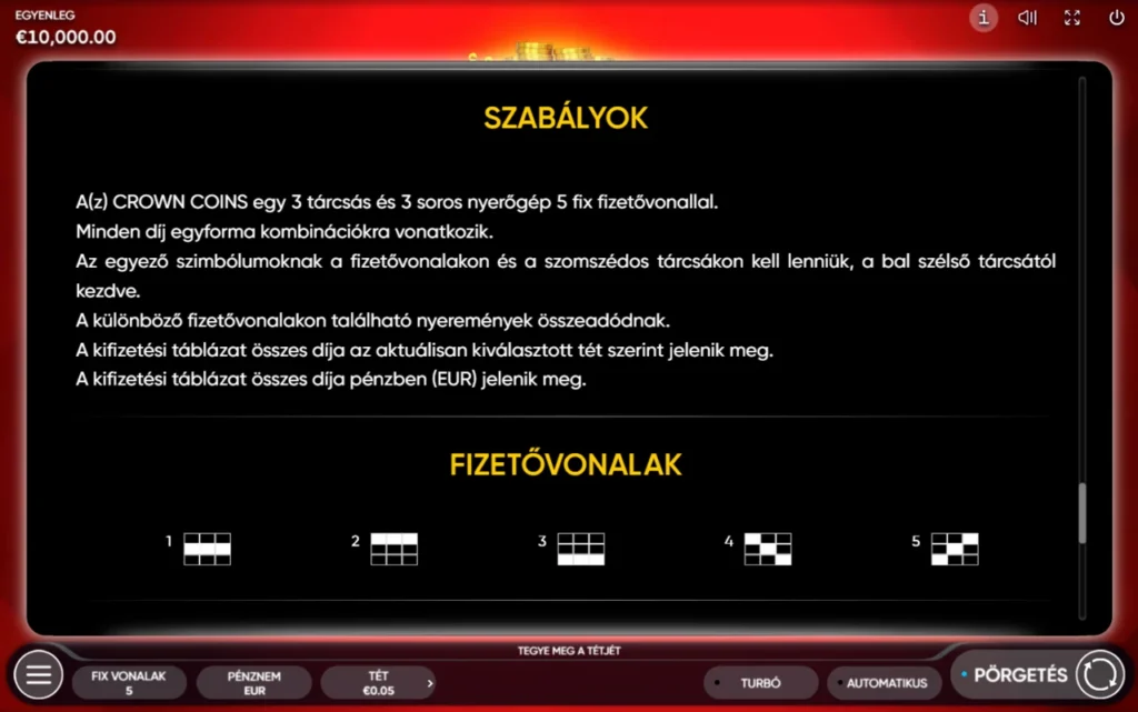 Crown Coins: szabályok öt fizetővonal
