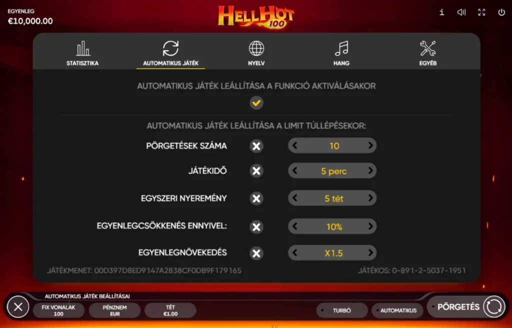 Hell Hot 100: automatikus játék limitek beállítás