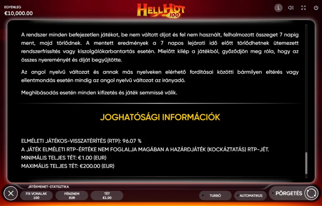 Hell Hot 100: RTP 96,07 százalék jogi információk