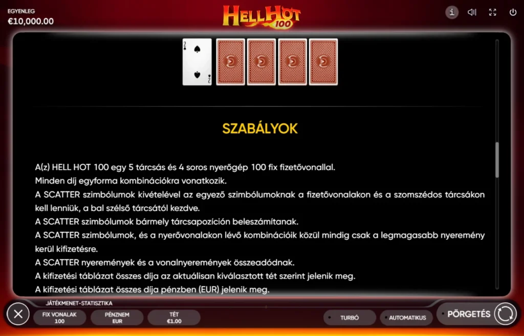 Hell Hot 100: szabályok öt tárcsa négy sor
