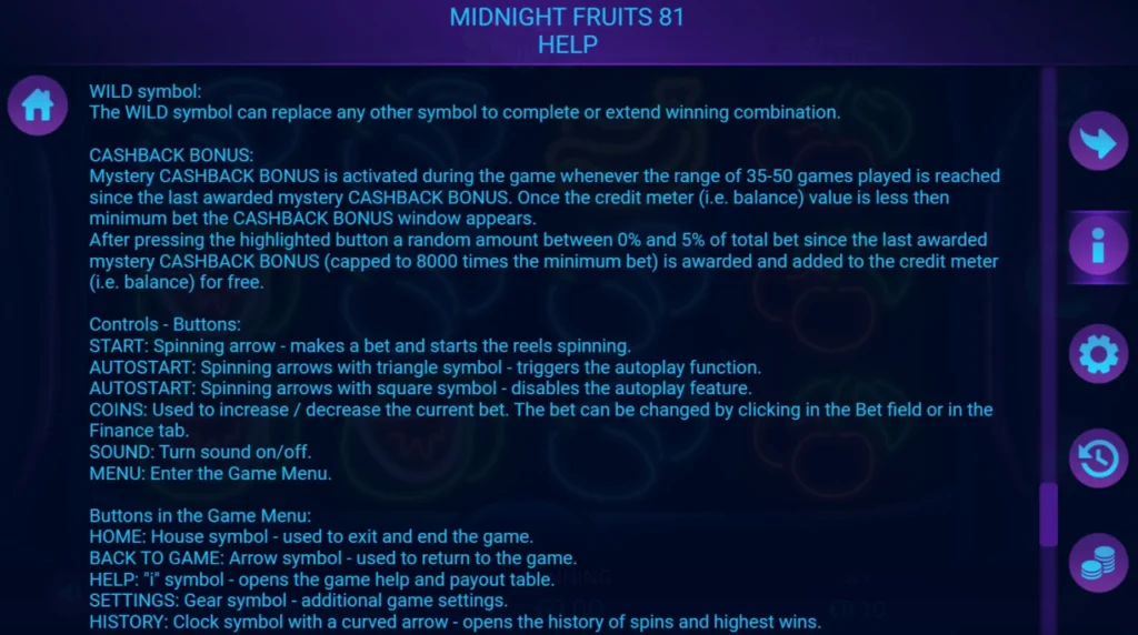 Midnight Fruits 81: Cashback Bonus szabály leírás