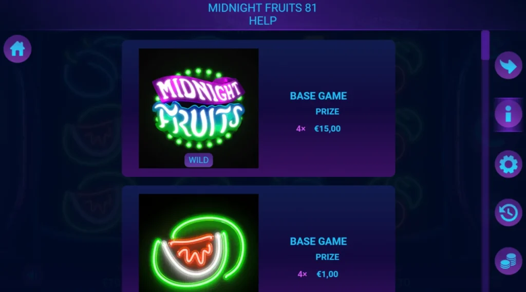 Midnight Fruits 81: kifizetési táblázat Wild szimbólum