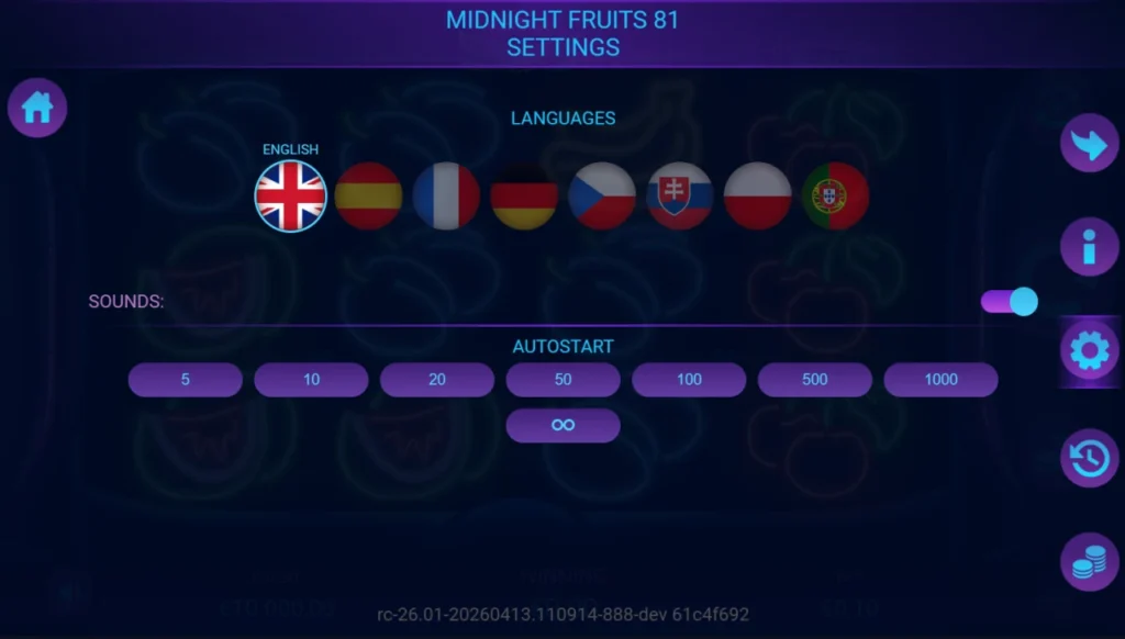 Midnight Fruits 81: beállítások nyelvek hang automatikus