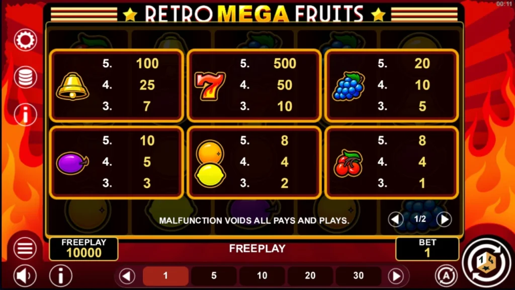 Retro Mega Fruits: kifizetési táblázat szimbólumok nyeremény