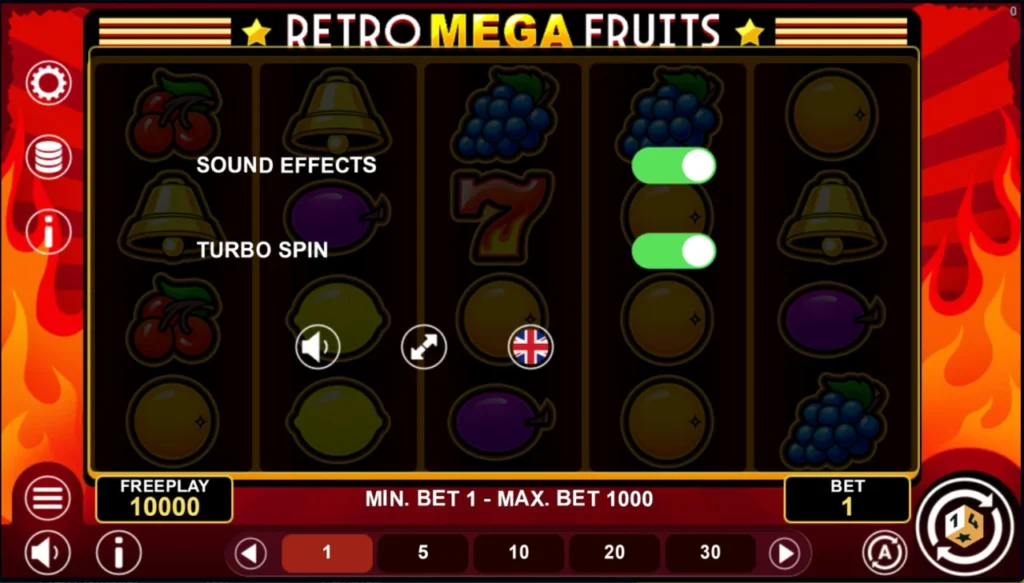 Retro Mega Fruits: beállítások hangeffekt turbó pörgetés