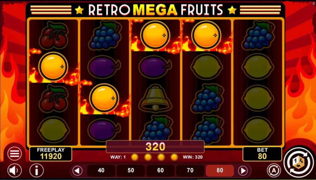 Retro Mega Fruits: vonalnyeremény négy narancs tizedik pörgetés
