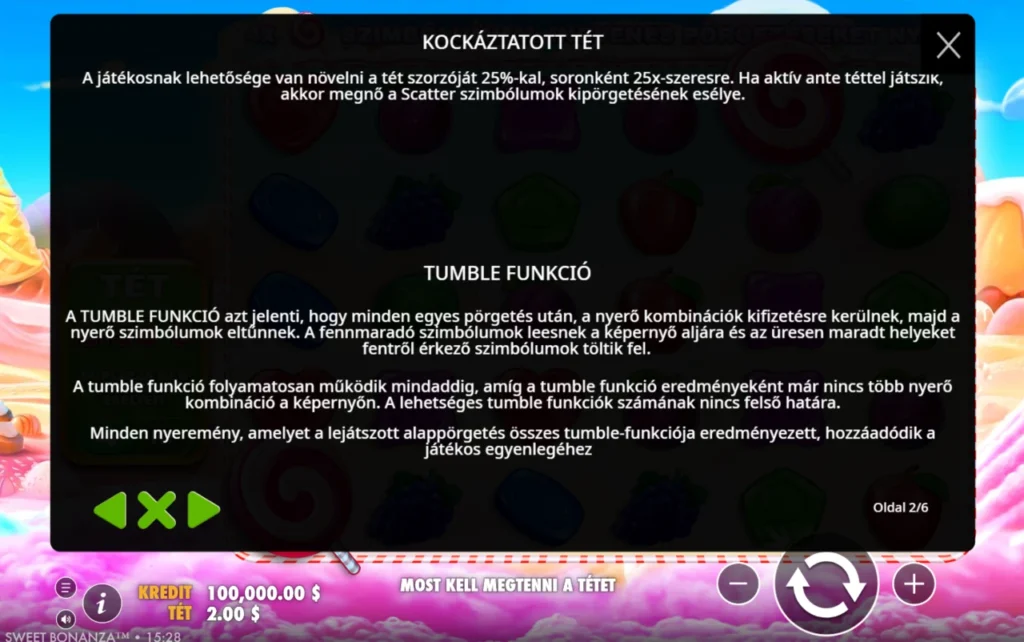 Sweet Bonanza: kockáztatott tét tumble funkció
