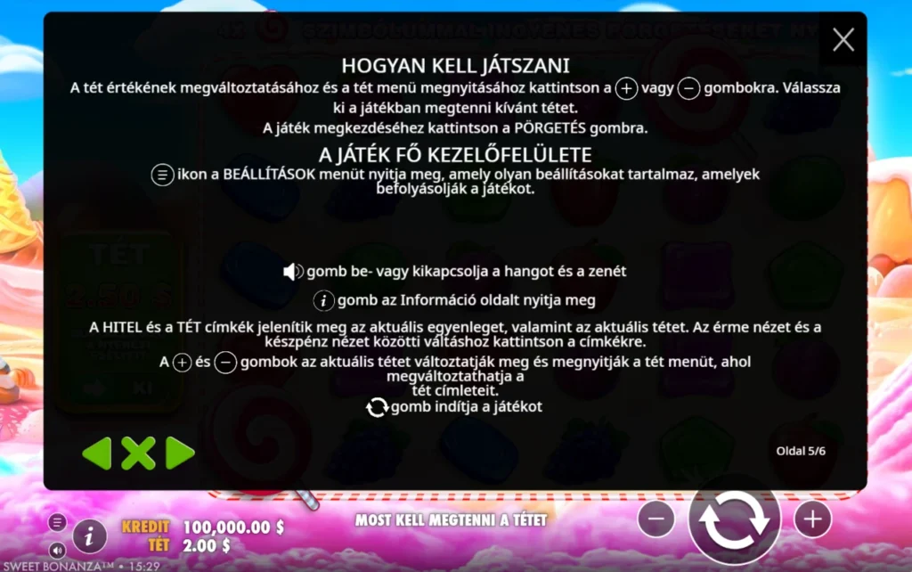 Sweet Bonanza: hogyan kell játszani kezelőfelület