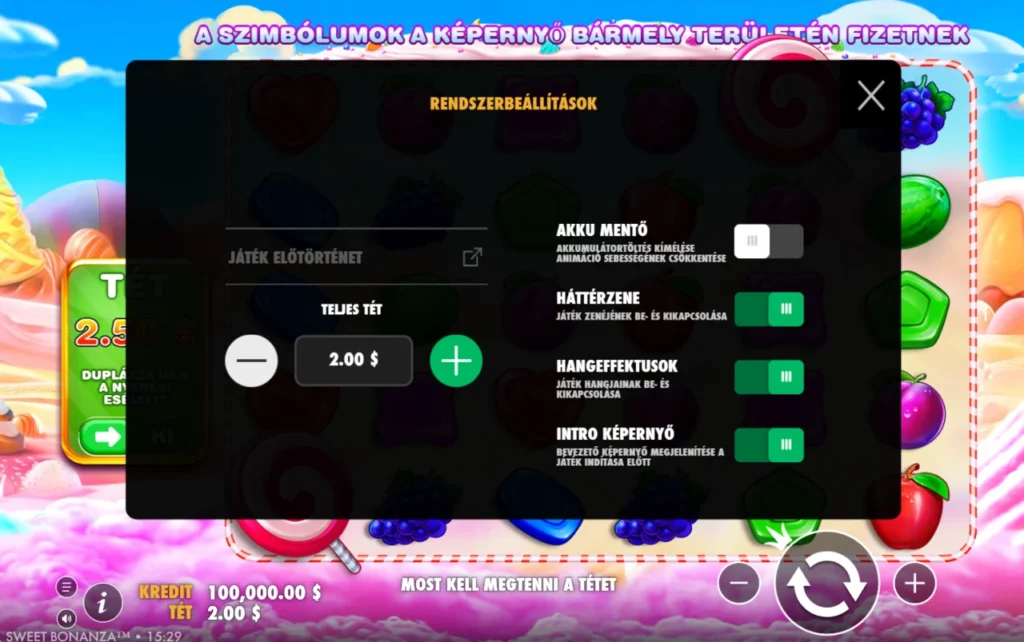 Sweet Bonanza: beállítások napló akkukímélő
