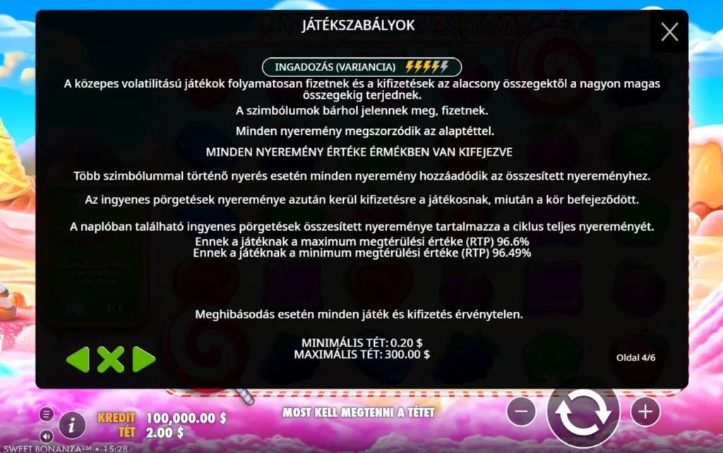 Sweet Bonanza: RTP magas volatilitás tét