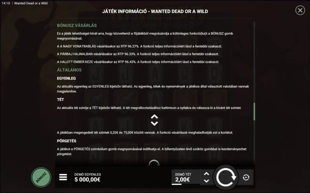 Wanted Dead or a Wild: bónuszvásárlás RTP tét