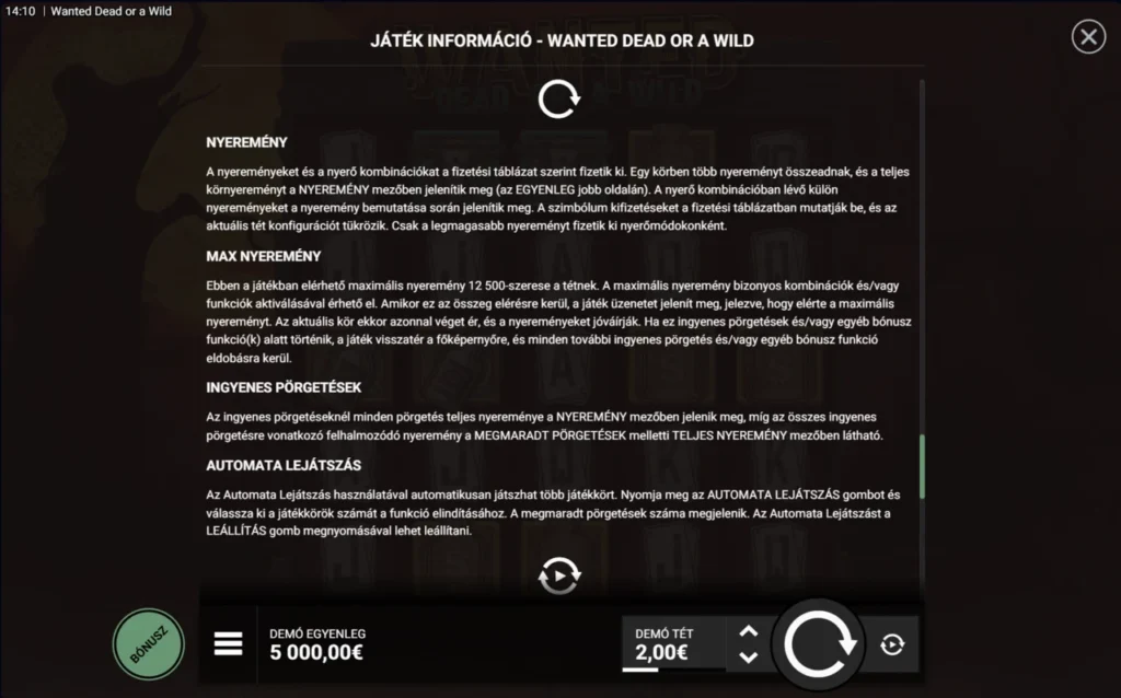 Wanted Dead or a Wild: szabályok maximális nyeremény