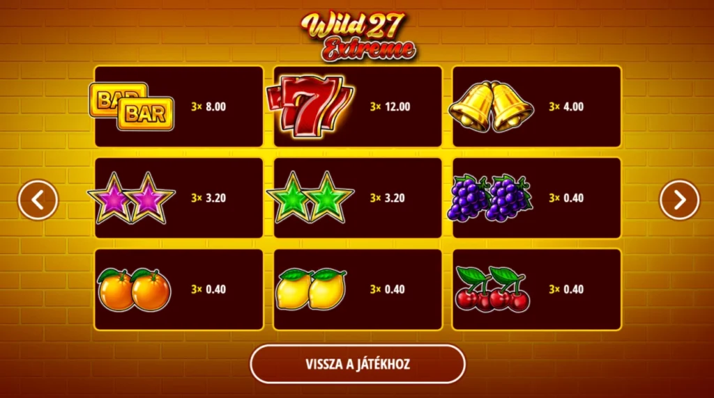 Wild 27 Extreme: kifizetési táblázat hetes BAR szimbólumok