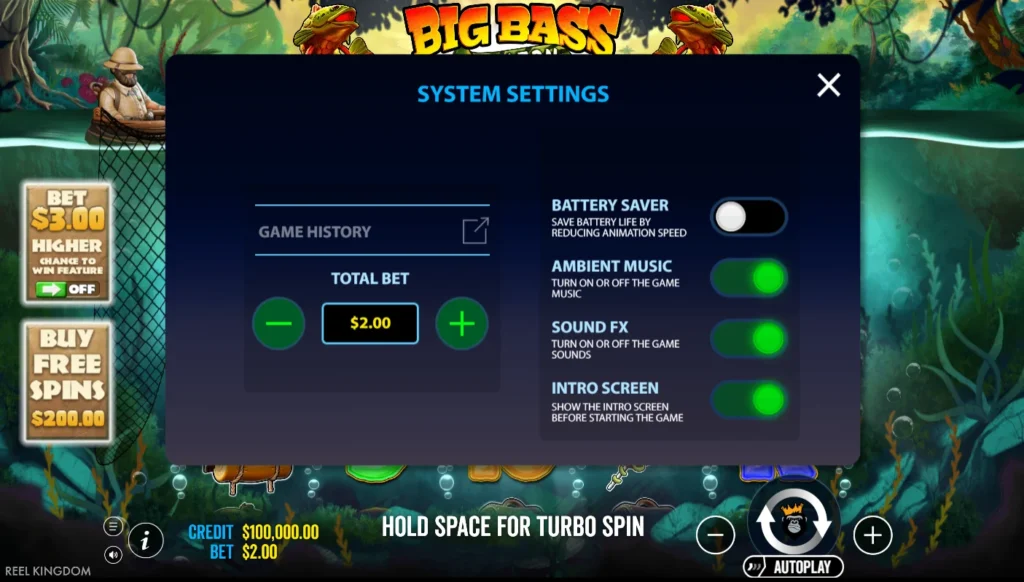 Big Bass Amazon Xtreme: rendszerbeállítások – játéknapló, Battery Saver, hangok