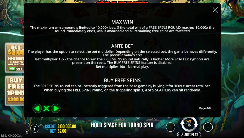 Big Bass Amazon Xtreme: 10 000x nyereményplafon, Ante Bet és Buy Free Spins árak