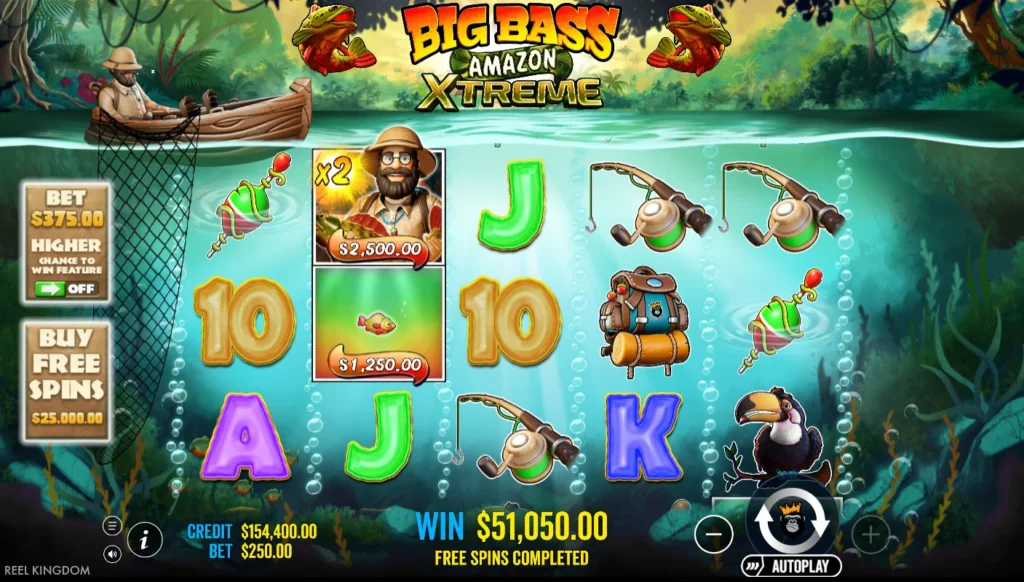 Big Bass Amazon Xtreme: záró egyenleg 154 400 kredit a Free Spins után