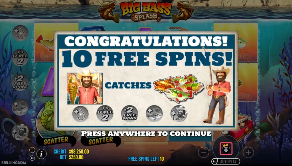 Big Bass Splash: 10 ingyenpörgetés módosító nélkül, üres horoggal