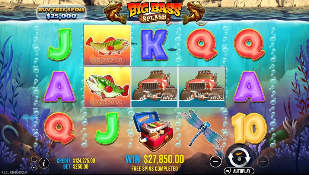 Big Bass Splash: a teszt vége 124 275 kredittel és a ki nem fogott 12 500-as hallal