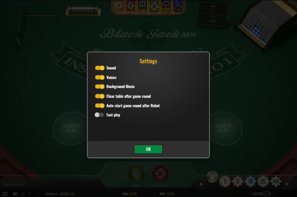 Blackjack MH: beállítások – hangok, asztalürítés, automatikus újraosztás, gyors játék