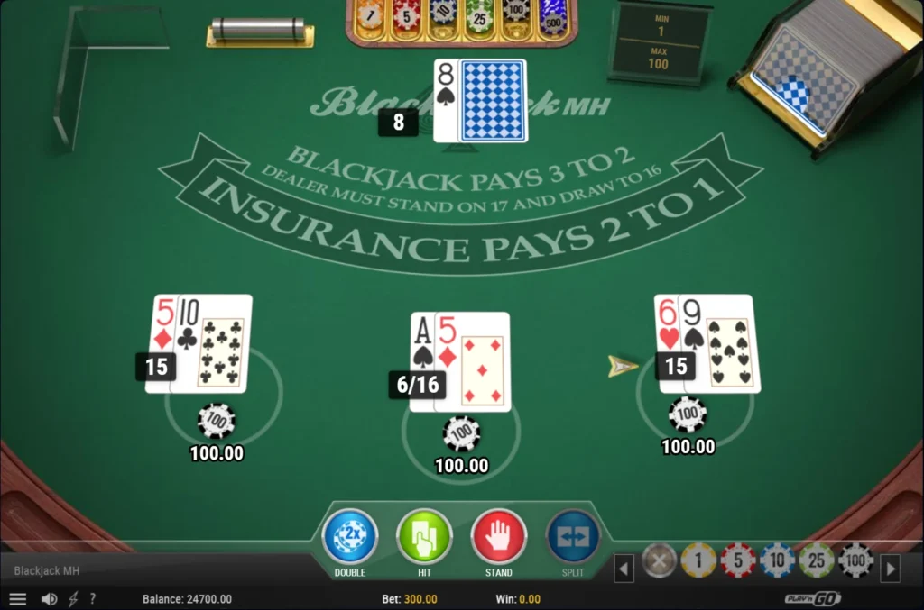 Blackjack MH: első osztás – 15, lágy 16 és 15 az osztó nyolcasa ellen