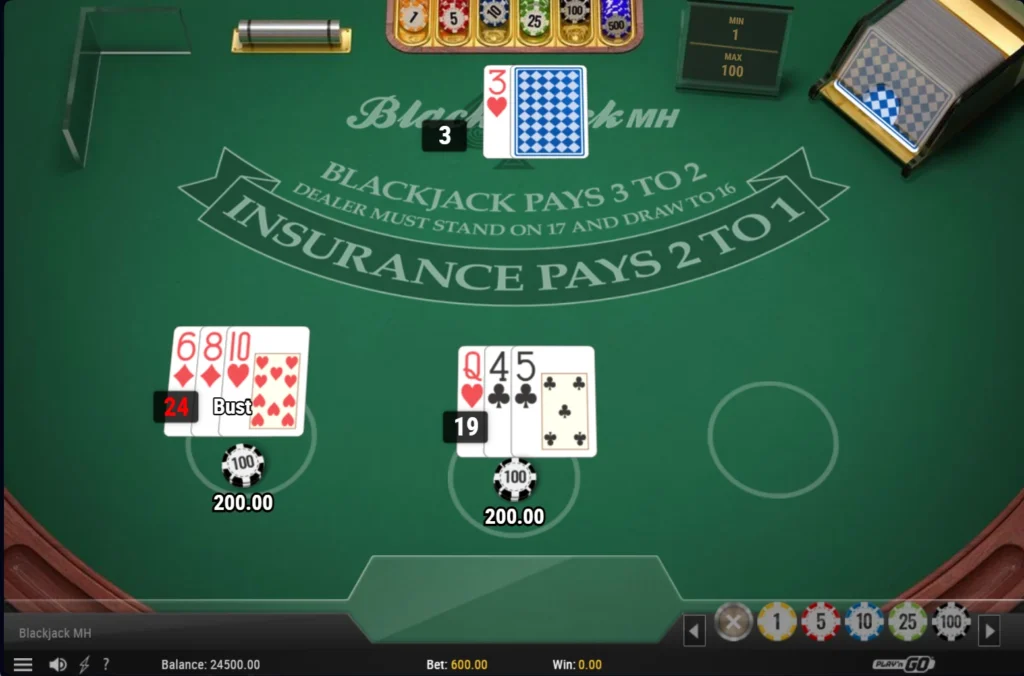 Blackjack MH: három dupla után két bust és egy 19-es kéz