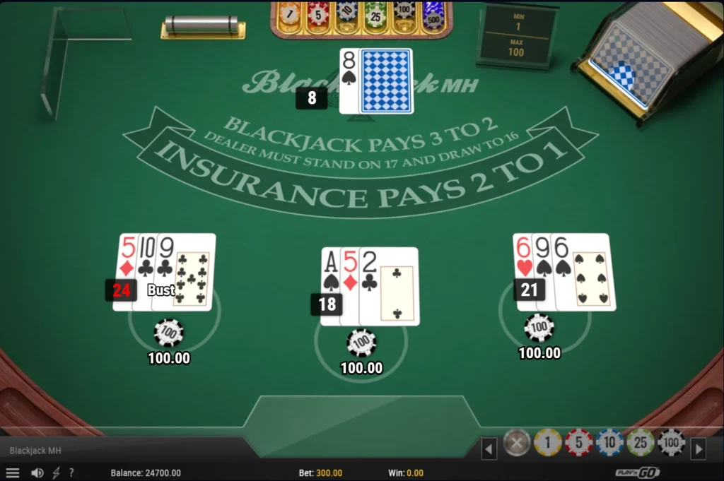 Blackjack MH: egy-egy kért lap után 24, 18 és 21