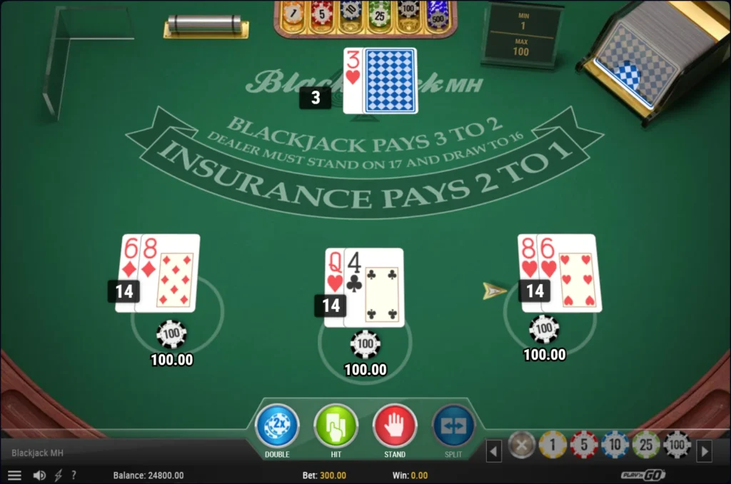 Blackjack MH: mindhárom kézben 14, az osztónál hármas