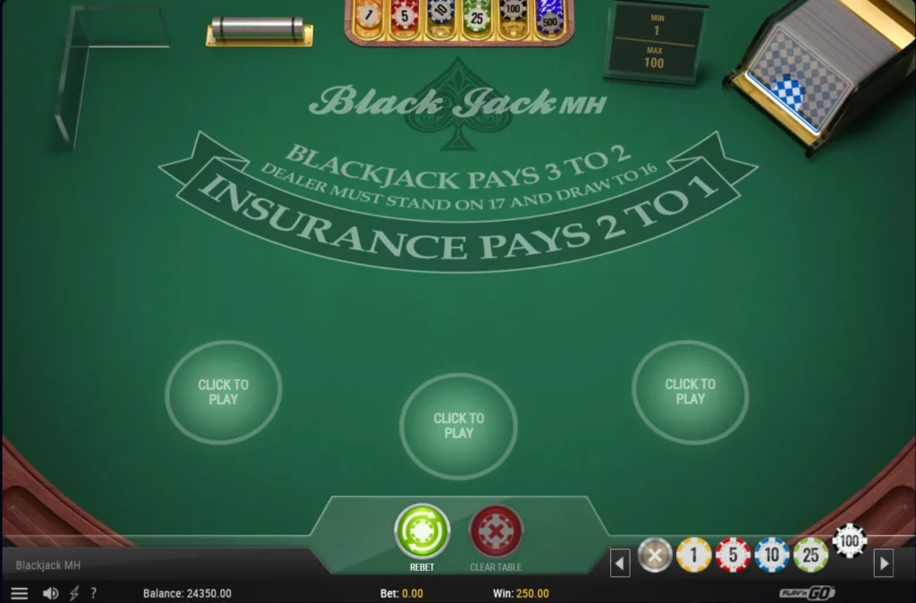 Blackjack MH: záró egyenleg 24 350 kredit, az utolsó kör 250-et fizetett