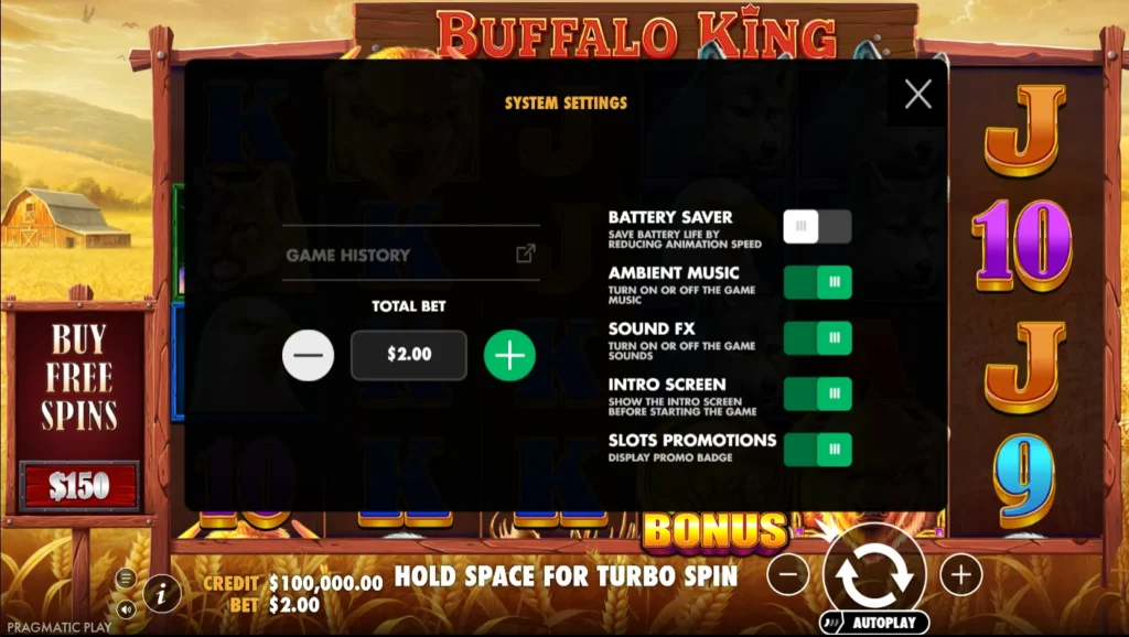 Buffalo King: rendszerbeállítások – intró, hangok, akkumulátorkímélő mód, játéknapló