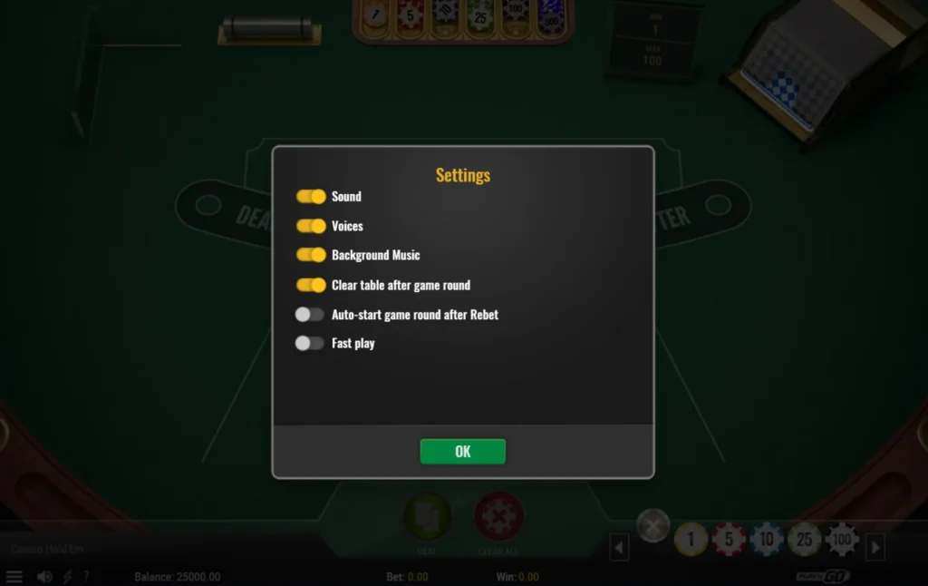 Casino Hold'em Poker: beállítások – hangok bekapcsolva, gyors játék kikapcsolva