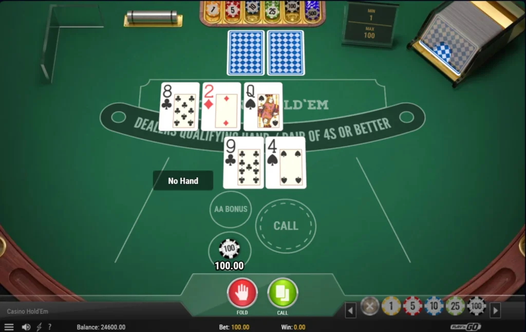 Casino Hold'em Poker: 9-4 a kézben, Q-8-2 a flopon – eldobott leosztás