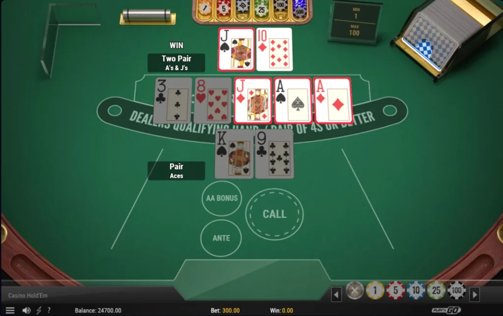 Casino Hold'em Poker: az osztó két párja ászokból és bubikból üti az ász párt