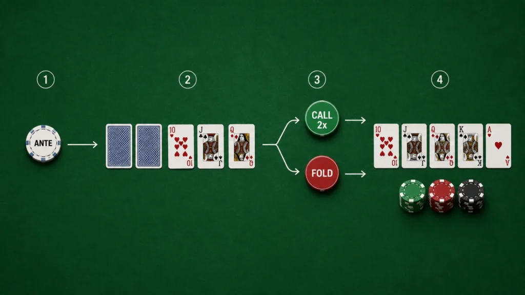 Casino Hold'em Poker: egy kör menete – ante, két lap és flop, call vagy fold, a kör vége