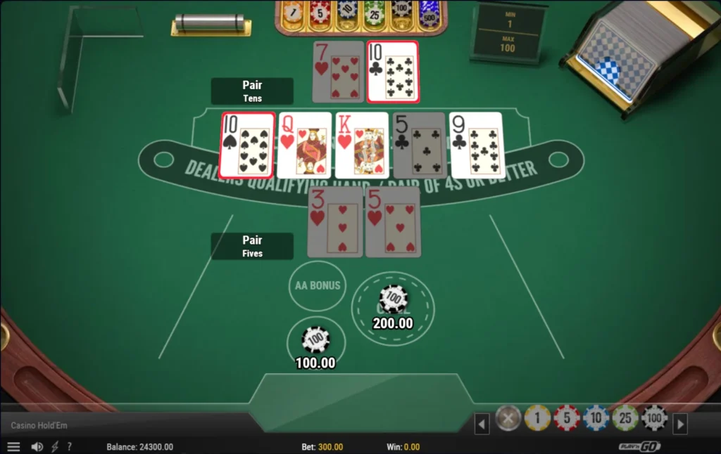 Casino Hold'em Poker: a szín elmaradt, az osztó tízes párja nyeri a kört