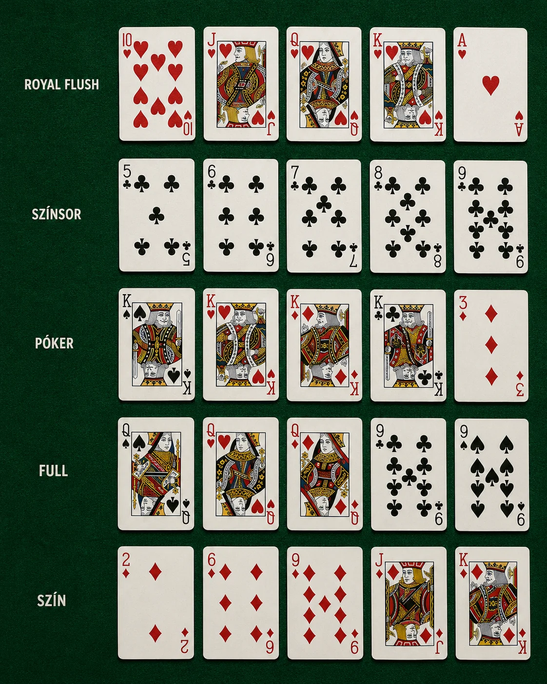 Casino Hold'em Poker: az erősorrend teteje – royal flush, színsor, póker, full, szín