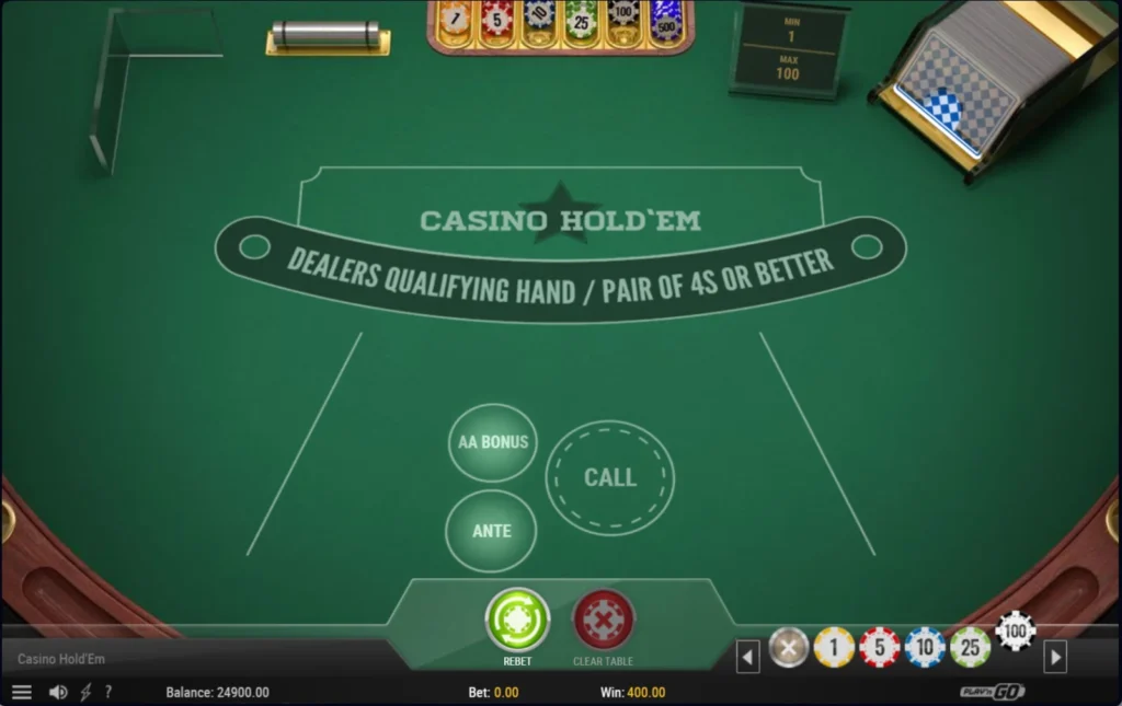 Casino Hold'em Poker: üres asztal a teszt végén, 24 900 kredites egyenleggel
