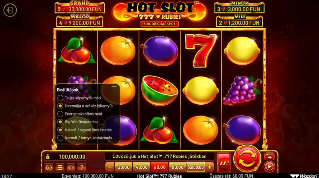 Hot Slot 777 Rubies: játékbeállítások panel magyarul