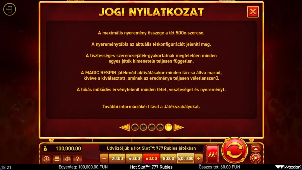 Hot Slot 777 Rubies: jogi nyilatkozat és 500-szoros plafon