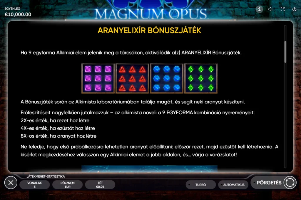 Magnum Opus: Aranyelixír bónuszjáték kilenc egyforma elemért