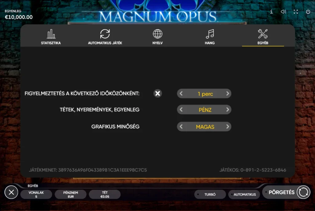 Magnum Opus: időfigyelmeztetés, pénz-kredit váltó és grafikus minőség