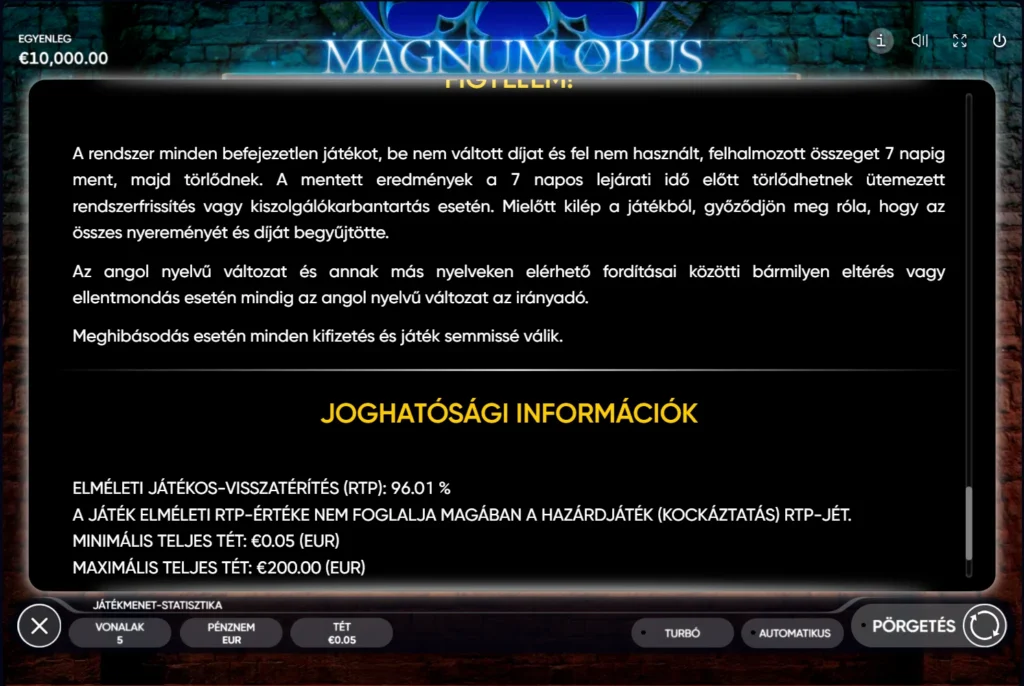 Magnum Opus: RTP 96,01 százalék és téthatárok a jogi információk közt