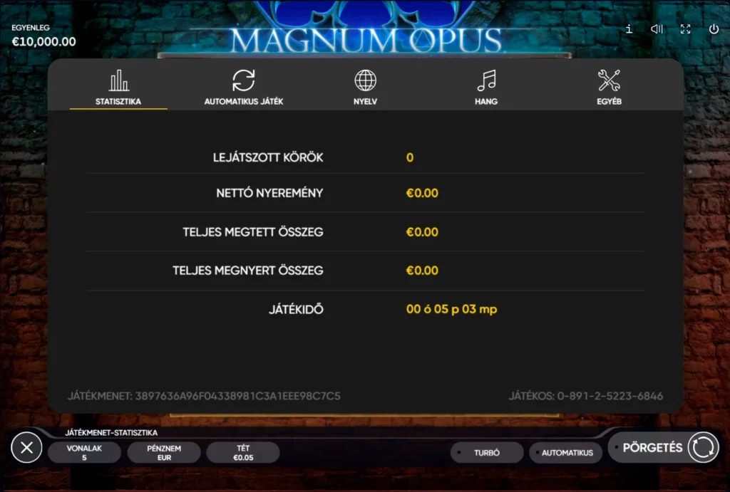 Magnum Opus: statisztika fül lejátszott körökkel és játékidővel