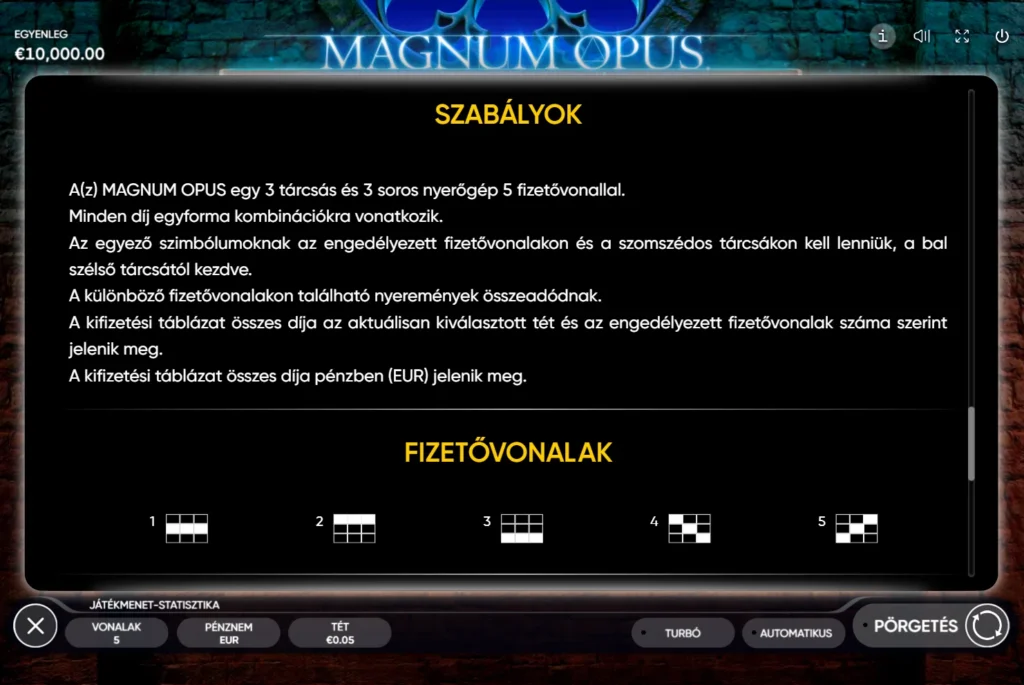 Magnum Opus: szabályok és az öt fix fizetővonal elrendezése