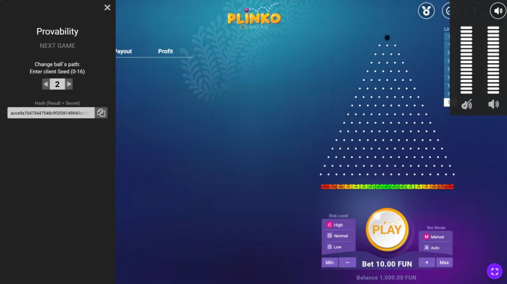 Plinko: Provability panel client seed mezővel