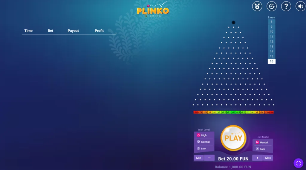 Plinko: teszt indulás 1000 kredites egyenleggel