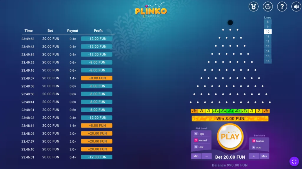 Plinko: a teszt vége 990 kredites egyenleggel