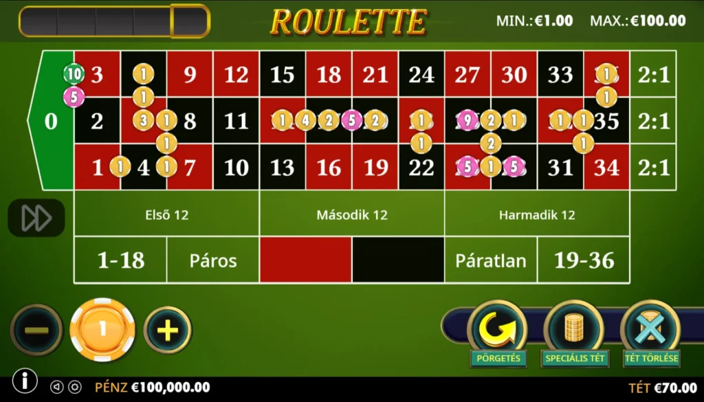 Roulette: 70 eurós tét belső mezőkön