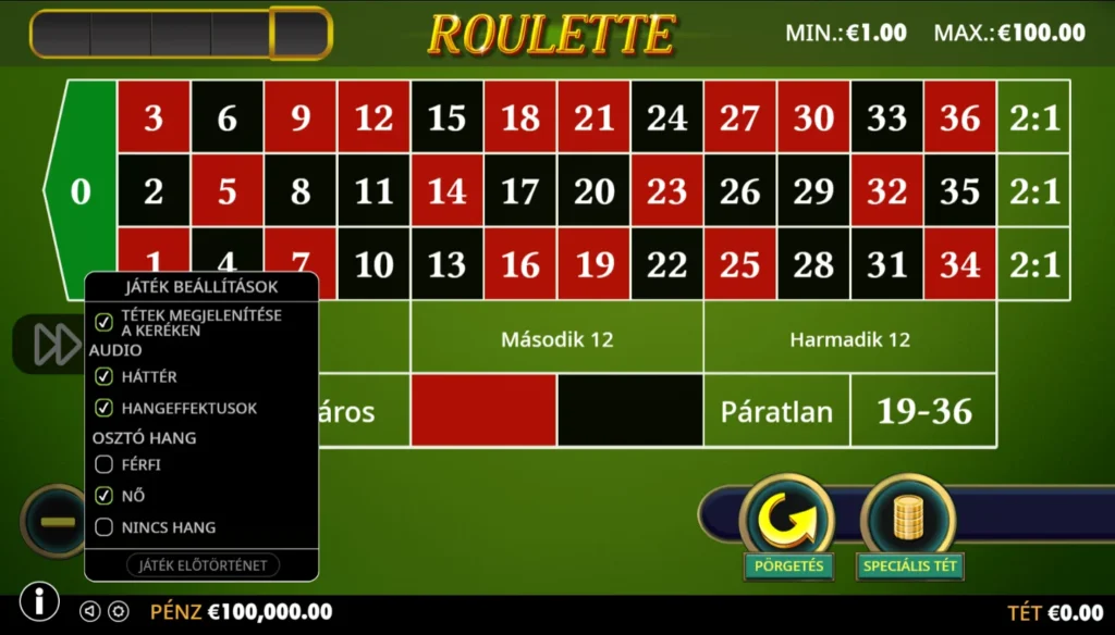 Roulette: játékbeállítások – osztóhang és tétek a keréken