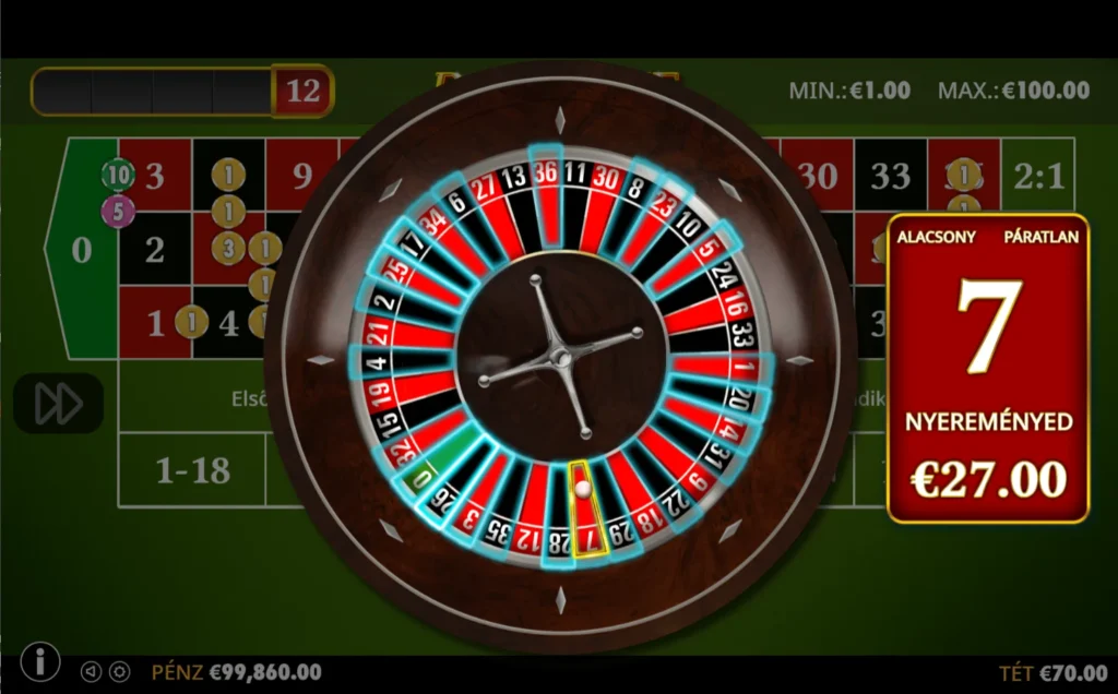 Roulette: rulett kerék pörgetés közben, nyertes hetes